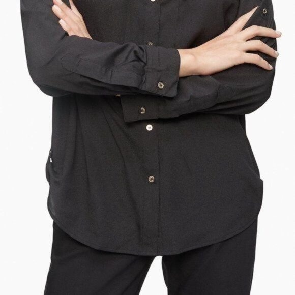 Calvin Klein Black Shirt Blouse Top Button Up Tab Sleeves WOMAN'S Women's Small - Picture 3 of 13